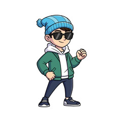 Cool cartoon boy wearing a winter hat and sunglasses posing confidently