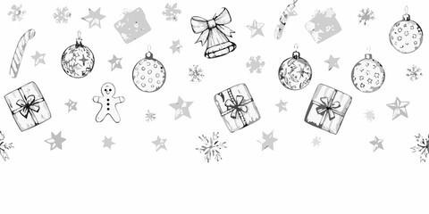 A festive arrangement of sketched christmas ornaments gifts and winter decorations