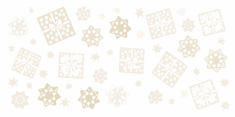 A delicate background of golden gift boxes and sparkling snowflake designs
