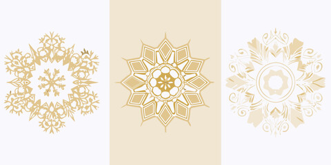 Three golden ornamental designs arranged vertically on a neutral background