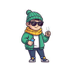 Cool cartoon boy wearing a winter hat sunglasses and scarf holding a drink