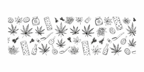 Sketch collection of cannabis leaves jars pipes and various botanical elements