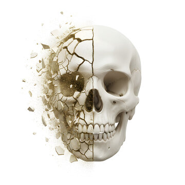 Human Skull Shattering and Exploding into Bone Fragments and Dust