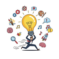A businessman running with a lightbulb surrounded by creative icons