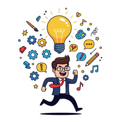 A running businessman with a bright idea illuminated by a glowing lightbulb