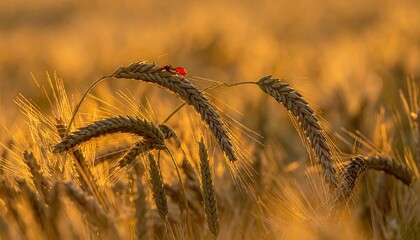 Ladybug on wheat, golden field bathed in sunset light