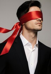 A sensual man in a sophisticated suit, blindfolded with a vibrant red ribbon