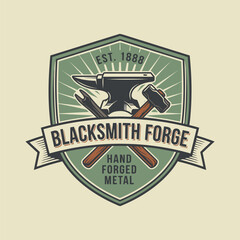 Fototapeta premium Blacksmith Forge Vintage Emblem with Anvil and Tools.