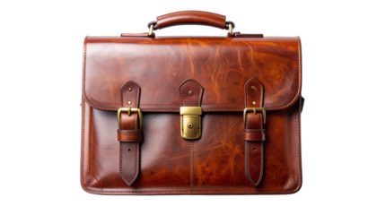 Gleaming leather briefcase, brass hardware, handle, buckles, secure closure