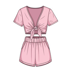 Pink two piece outfit with a v neck top and high waisted shorts design