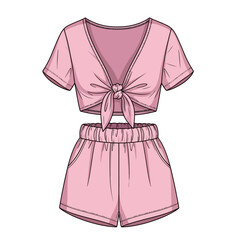 A pink two piece outfit with a v neckline and tie front crop top
