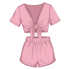 A fashionable pink two piece set featuring a knotted crop top and shorts