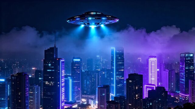 UFO over futuristic city skyline