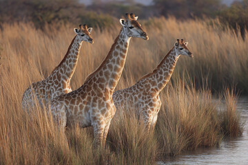 Obraz premium Three giraffes standing calmly in tall dry grass near water in natural savanna environment during soft daylight, showing their patterned fur and long necks in peaceful wildlife scene