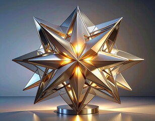 Complex, metallic star sculpture with internal lighting