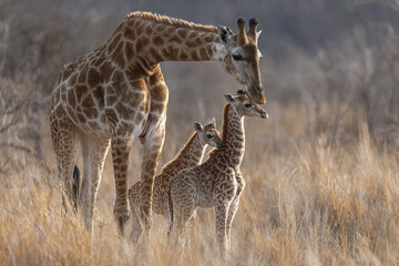 Obraz premium Giraffe mother caring for two young calves in dry grassland with soft natural light creating warm and tender wildlife scene in wild savannah