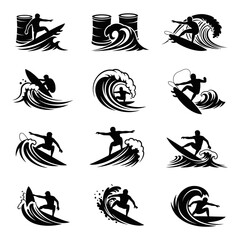 Black and white illustrations depicting surfers riding ocean waves in various styles