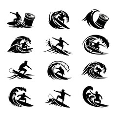 Surfing wave designs with silhouettes of surfers and water splashes