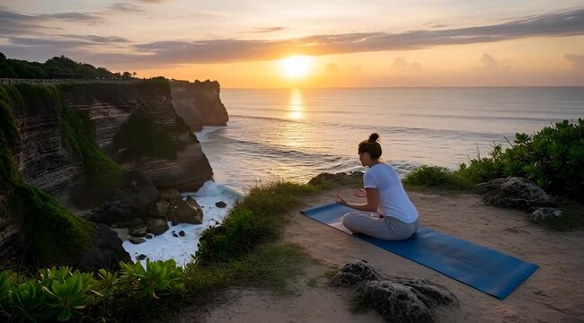 Woman Practicing Yoga on Cliffside at Sunset.