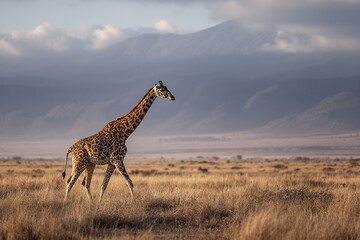 Fototapeta premium Giraffe walking across open savanna landscape with dry grass and distant mountains under cloudy sky in natural wildlife setting