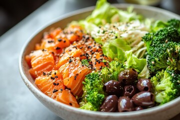 A vibrant and colorful bowl filled with fresh vegetables, including salmon, broccoli, and olives, set against a backdrop of a white table and a window with a view of a city skyline.