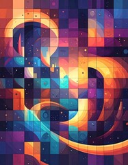 Abstract pixelated cosmic flow, warm colors