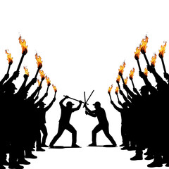 Silhouetted figures with torches confront two sword wielding individuals in a dramatic scene