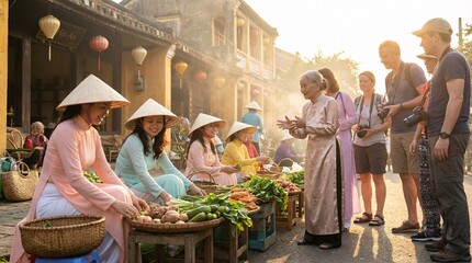 Vibrant street market scene with tourists and locals in traditional Vietnamese clothing
