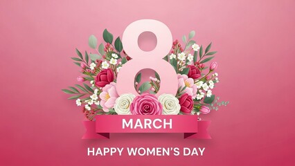 Happy women's day celebration with floral arrangement and pink ribbon