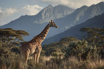 Obraz premium Giraffe standing in tall grass near trees with mountain range in background under cloudy sky, showcasing wildlife in natural habitat with calm and peaceful atmosphere
