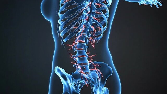 Female Anatomy Animation with Vertebral Column Pelvis Rib Cage and Blood Vessels Glowing Red on Medical Blue Background