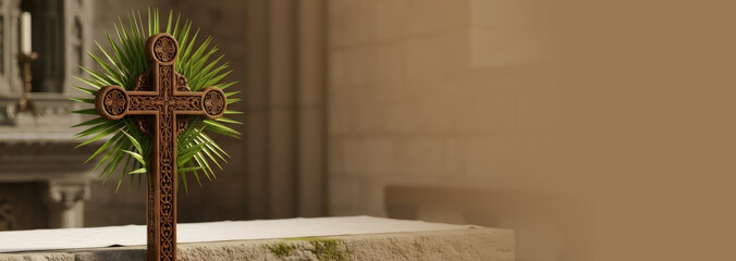 Ornate wooden cross with palm leaf branch arrangement in a church, symbolizing Palm Sunday and Christian faith for religious event design. Banner with copy space