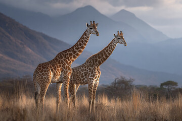 Obraz premium Giraffe pair in African countryside with tall grass and distant mountains under cloudy sky, showcasing natural wildlife beauty and serene landscape atmosphere
