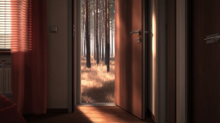 Open wooden door revealing sunlit pine forest, warm light entering quiet interior, symbolic transition and escape, editable scene ideal for conceptual design, therapy visuals or mindfulness projects.