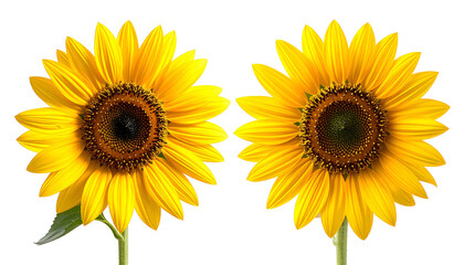 Obraz premium Two vibrant sunflowers in full bloom with bright yellow petals, against a black background