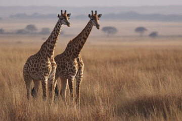 Obraz premium Giraffe pair standing in tall dry grass on open African plains with distant trees under soft natural light creating calm wildlife scene
