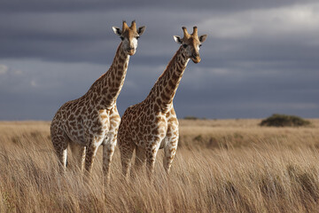 Obraz premium Two giraffe standing together in tall dry grass on African plains under cloudy sky, showing their patterned fur and long necks in natural wildlife scene