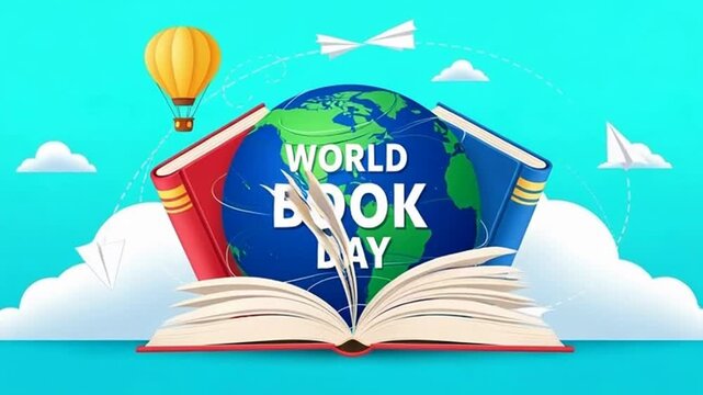 A blue and green globe with a book on top of it