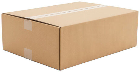 Closed brown cardboard box taped shut with clear packaging tape against a transparent background