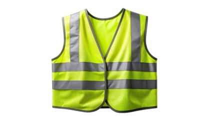 Close-up of a fluorescent yellow safety vest with reflective strips, isolated on black