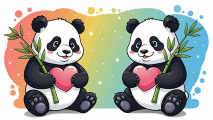 Obraz premium Adorable panda bears holding hearts and bamboo in colorful background