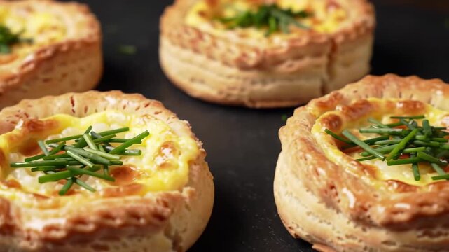 Golden baked quiches with crusty crusts and chive garnishes sitting on a dark surface, ready to be eaten