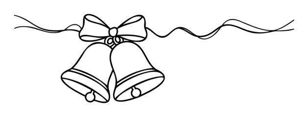 Classic line drawing of two festive bells tied with a bow and flowing ribbons, perfect for wedding invitations, holiday greetings, or celebratory event decorations.