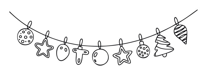 Whimsical hand drawn Christmas ornaments garland doodle for festive winter holidays celebration invitations, seasonal greeting announcements, and cheerful social media promotions.