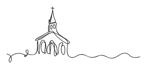 Minimalist continuous line drawing depicting a traditional church building with a steeple and cross, symbolizing faith and community for religious event invitations or spiritual journey