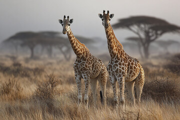 Obraz premium Two giraffe standing calmly in dry savanna grassland with acacia trees in background during misty morning, showcasing their tall height and patterned fur in natural habitat