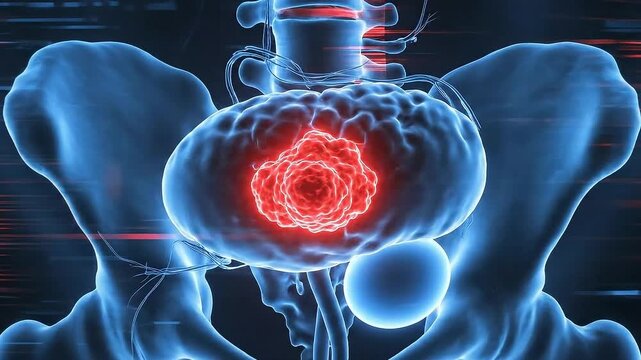 Glowing Blue Human Anatomy with Red Tumor Highlight Bladder Cancer Disease Medical Visualization Anatomy Education