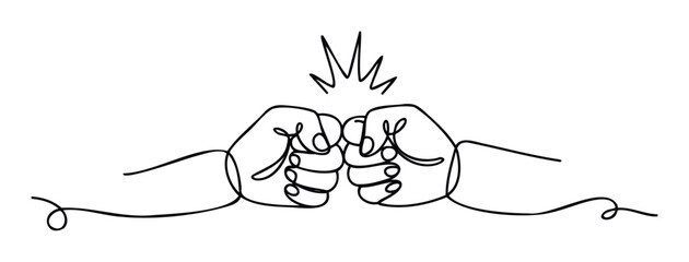 Continuous line drawing of two fists bumping together representing partnership and success, perfect for marketing materials, motivational posters, and team building promotions.