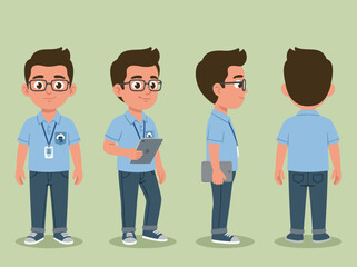 Fototapeta premium Cartoon character of a young man in casual business attire, shown from multiple angles.