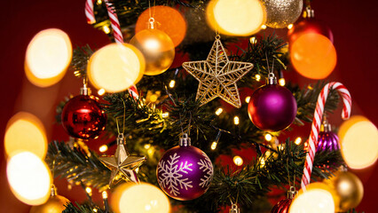 Close-up of a decorated Christmas tree with colorful ornaments, lights, and candy canes